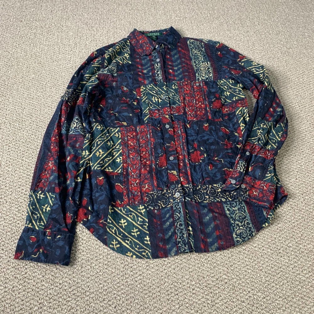 Lauren Ralph Lauren Womens Shirt Small Blue Abstract Roll Tab Sleeve Lightweight